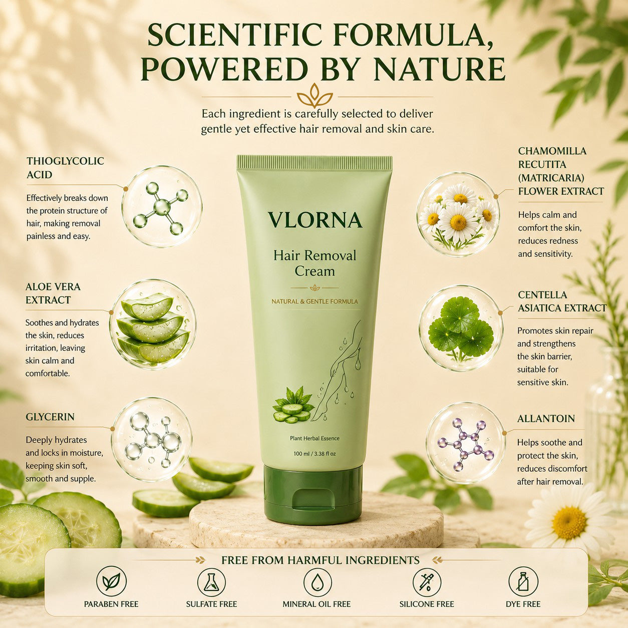 Vlorna™ Natural Gentle Hair Removal Cream | For Women & Men, Sensitive Skin